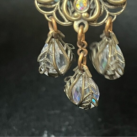 Vintage Banana Bob Bronze Iridescent Stone Dangle Clip On Earrings - Picture 4 of 12